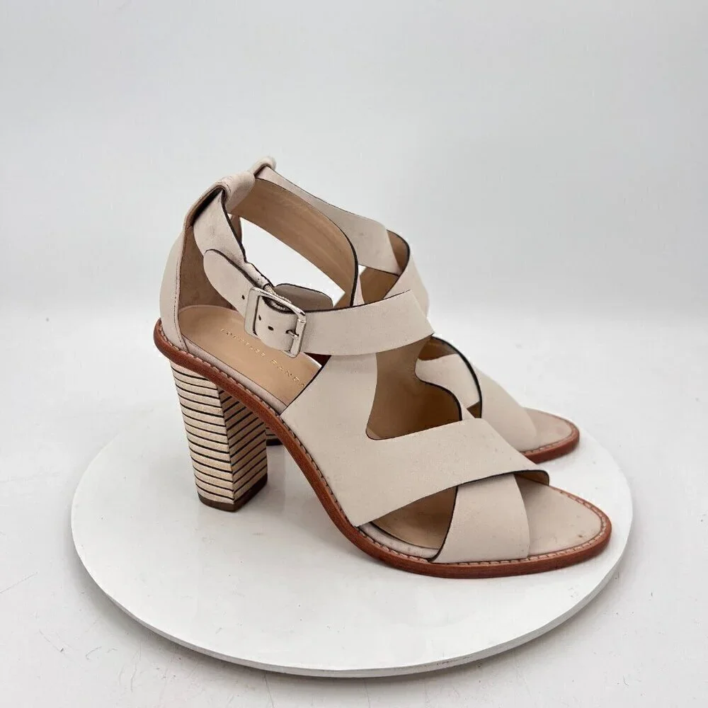 Loeffler Randall Women Size 10B Cream Beige Leather Peep Toe Buckle Heel Sandal
